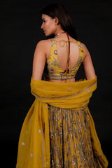 Mustard Organza Chinon Floral Printed Lehenga with Sequins Work