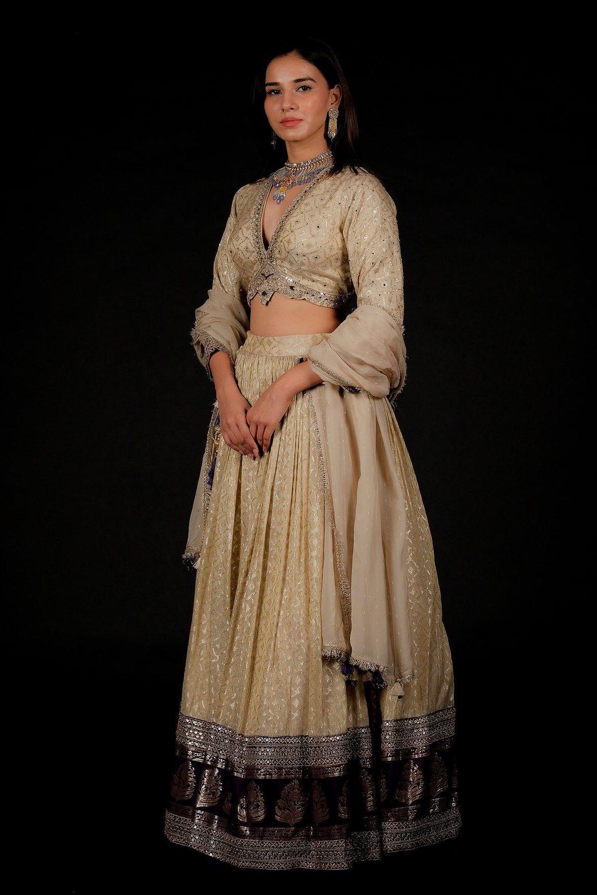Off White Tissue Weaving and V Neckline Lehenga