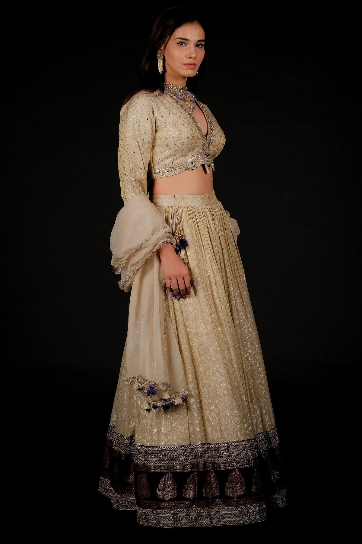 Off White Tissue Weaving and V Neckline Lehenga