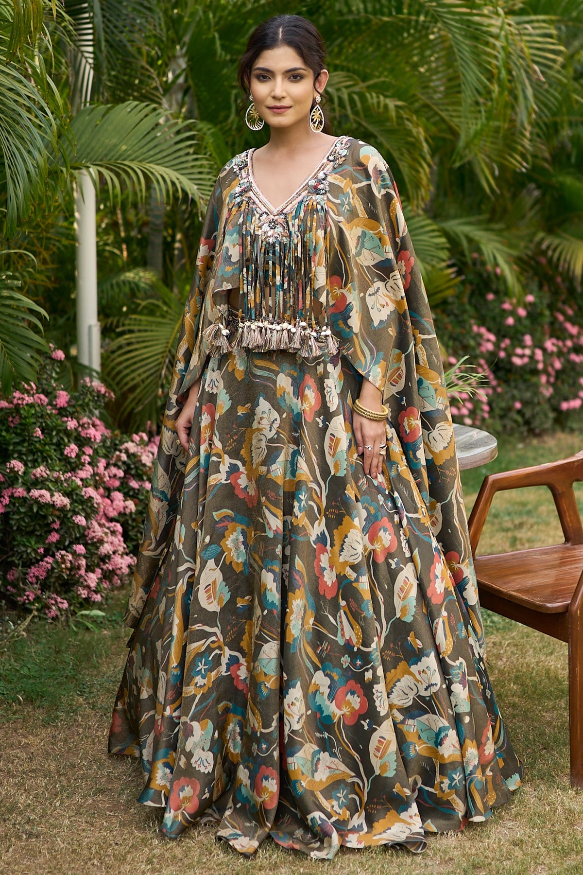 Olive Green Tissue Floral Printed Cape Sleeved Crop Top Lehenga Set