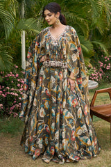 Olive Green Tissue Floral Printed Cape Sleeved Crop Top Lehenga Set