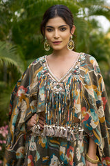 Olive Green Tissue Floral Printed Cape Sleeved Crop Top Lehenga Set