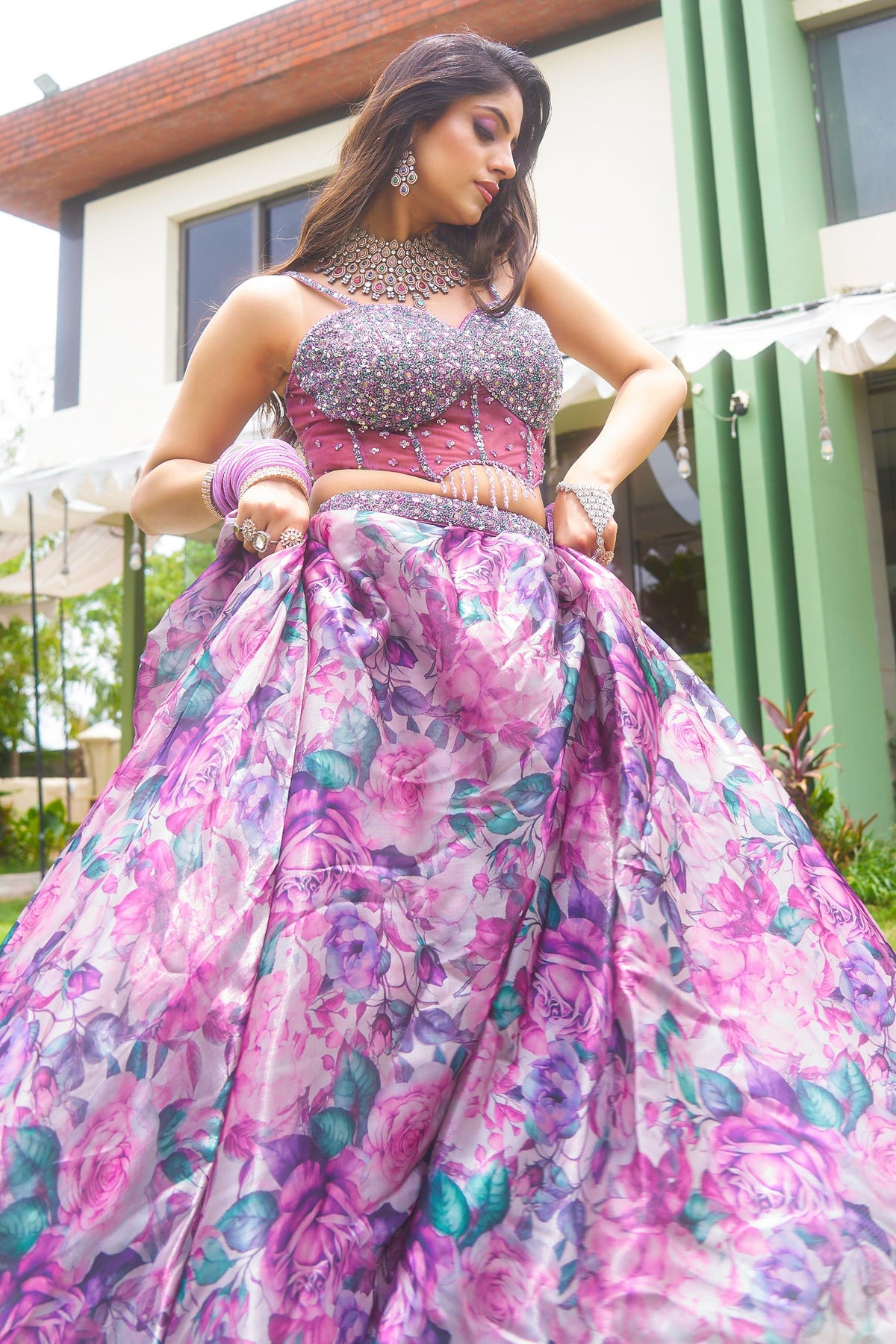 Mauve Organza Silk Floral Print Lehenga with Cutdana Sequin Corset with Cape Jacket