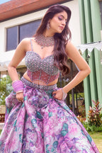 Mauve Organza Silk Floral Print Lehenga with Cutdana Sequin Corset with Cape Jacket