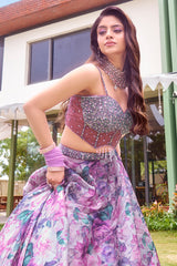 Mauve Organza Silk Floral Print Lehenga with Cutdana Sequin Corset with Cape Jacket