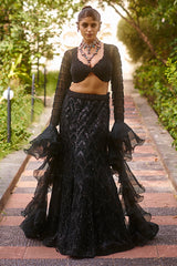 Black Net Sequin Beaded Fish Cut Lehenga with Deep Scallop Neckline Blouse