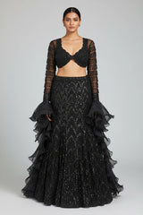 Black Net Sequin Beaded Fish Cut Lehenga with Deep Scallop Neckline Blouse
