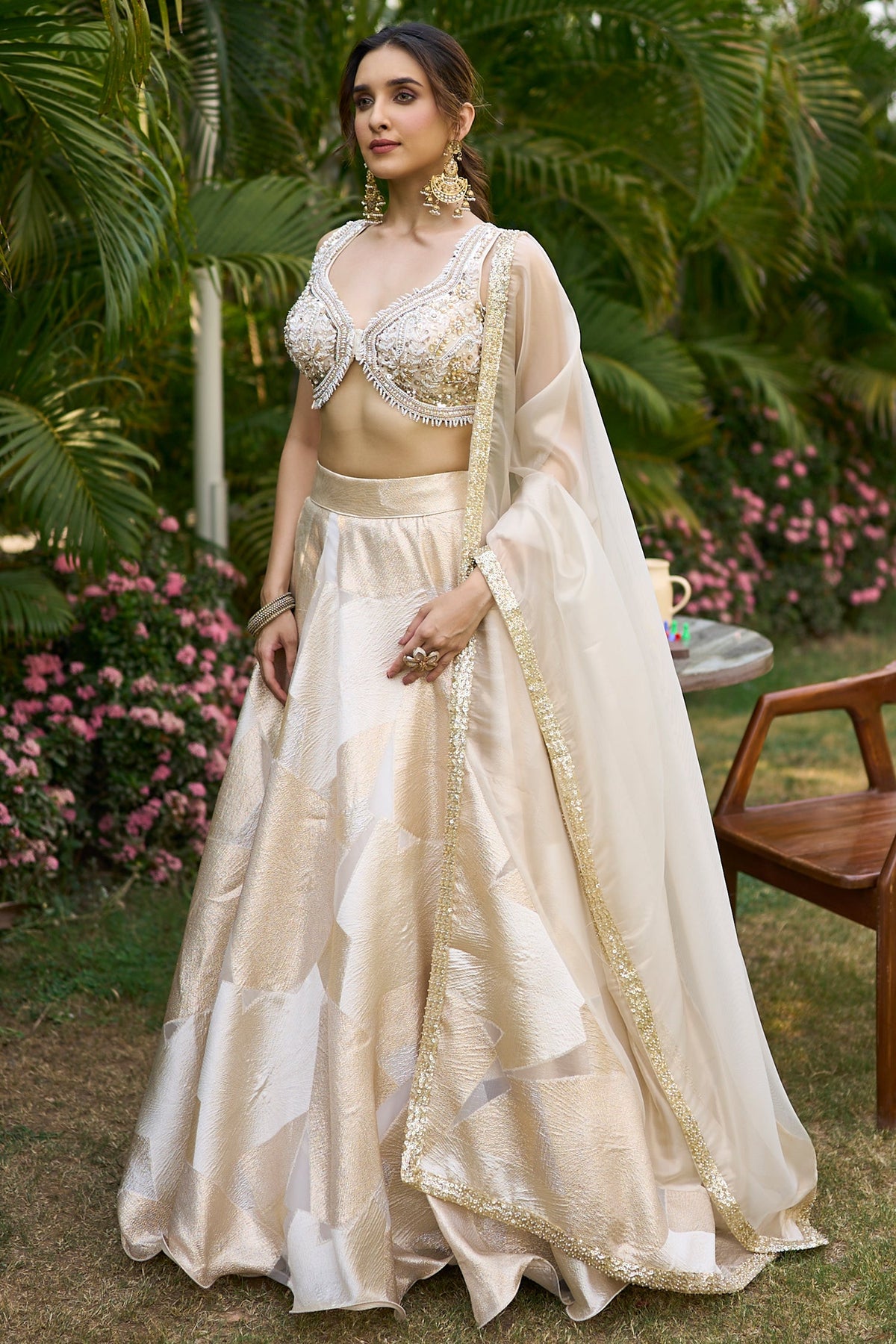 Off White and Golden Orgazna Lehenga with Embellished Beaded Blouse