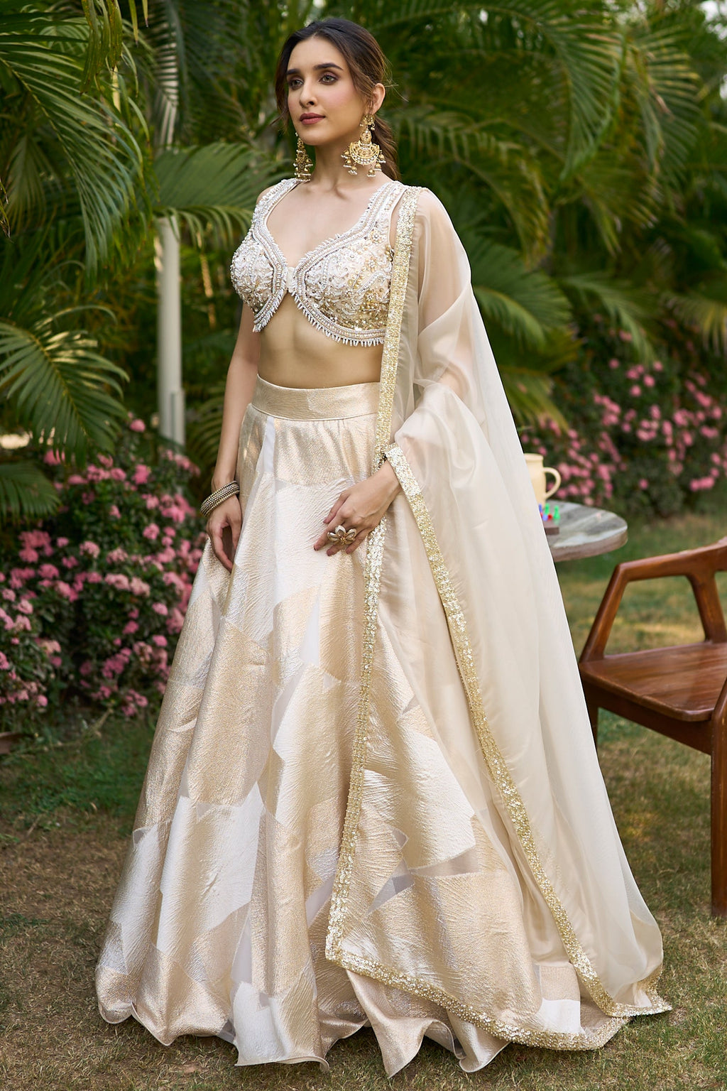 Off White and Golden Orgazna Lehenga with Embellished Beaded Blouse