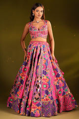 Pink and Purple Silk Floral Printed Designer Lehenga with Mirror Work