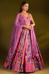 Pink and Purple Silk Floral Printed Designer Lehenga with Mirror Work