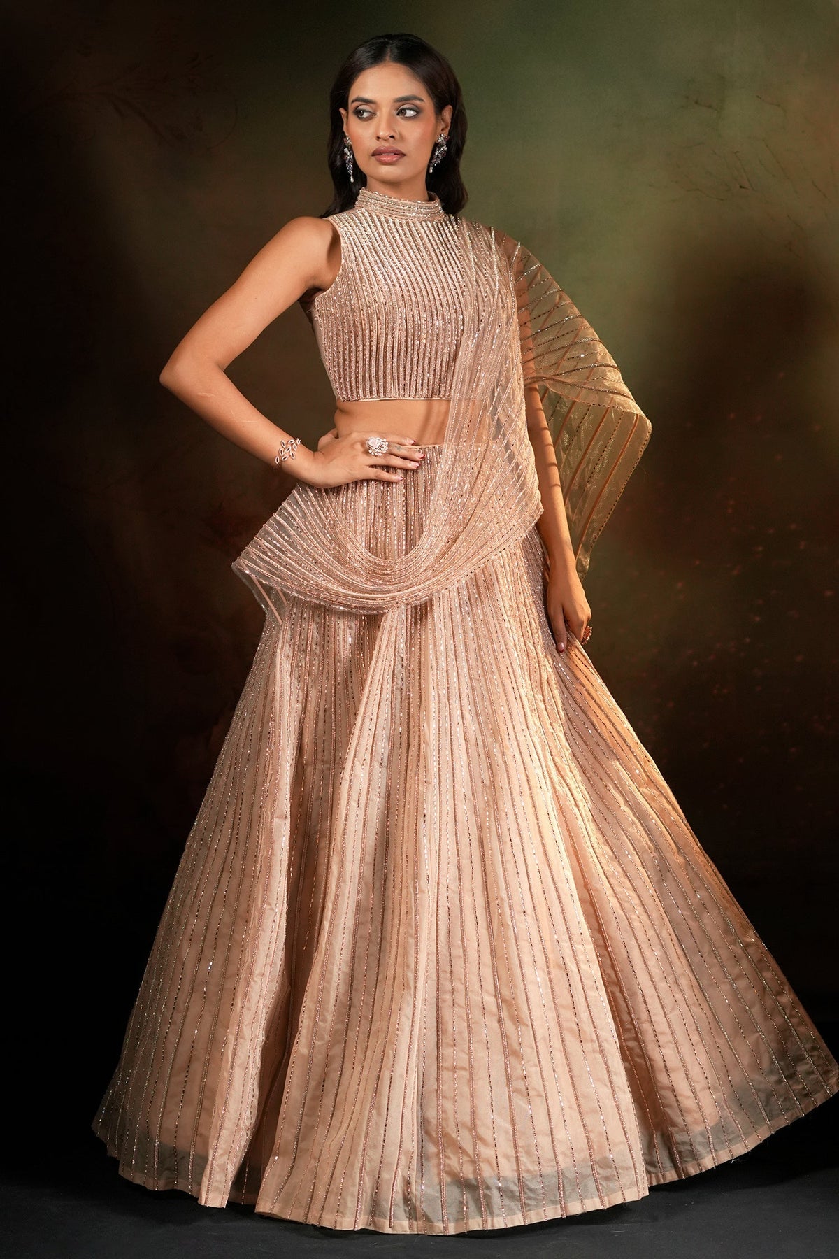 Beige Net High Neck Designer Metallic Stripe Lehenga Set with Attached Dupatta