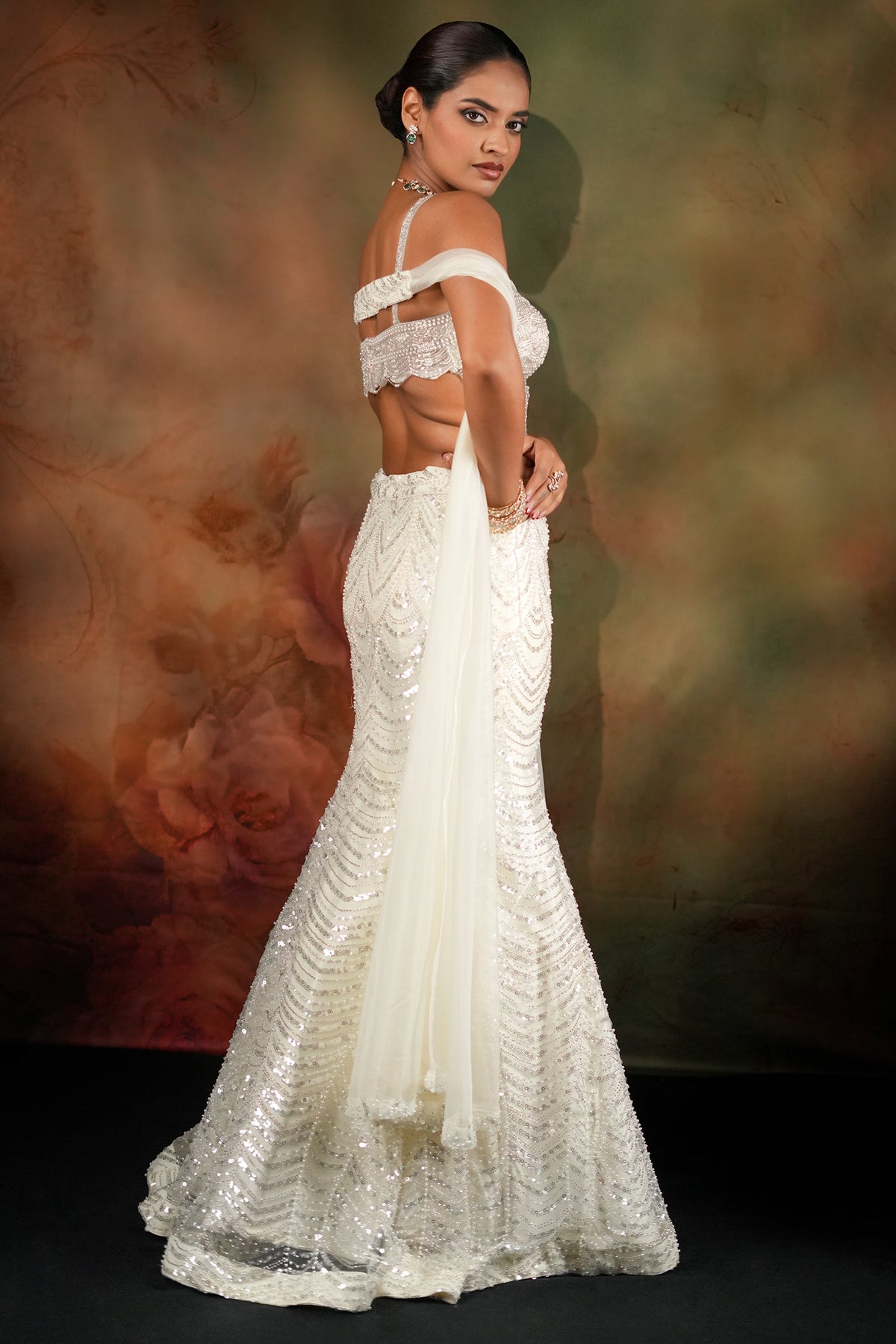 Ivory White Art Deco Sequin and Pearl Mermaid Style Lehenga with Corset Blouse