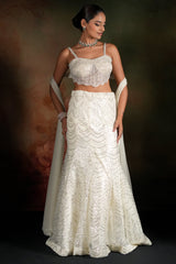 Ivory White Art Deco Sequin and Pearl Mermaid Style Lehenga with Corset Blouse