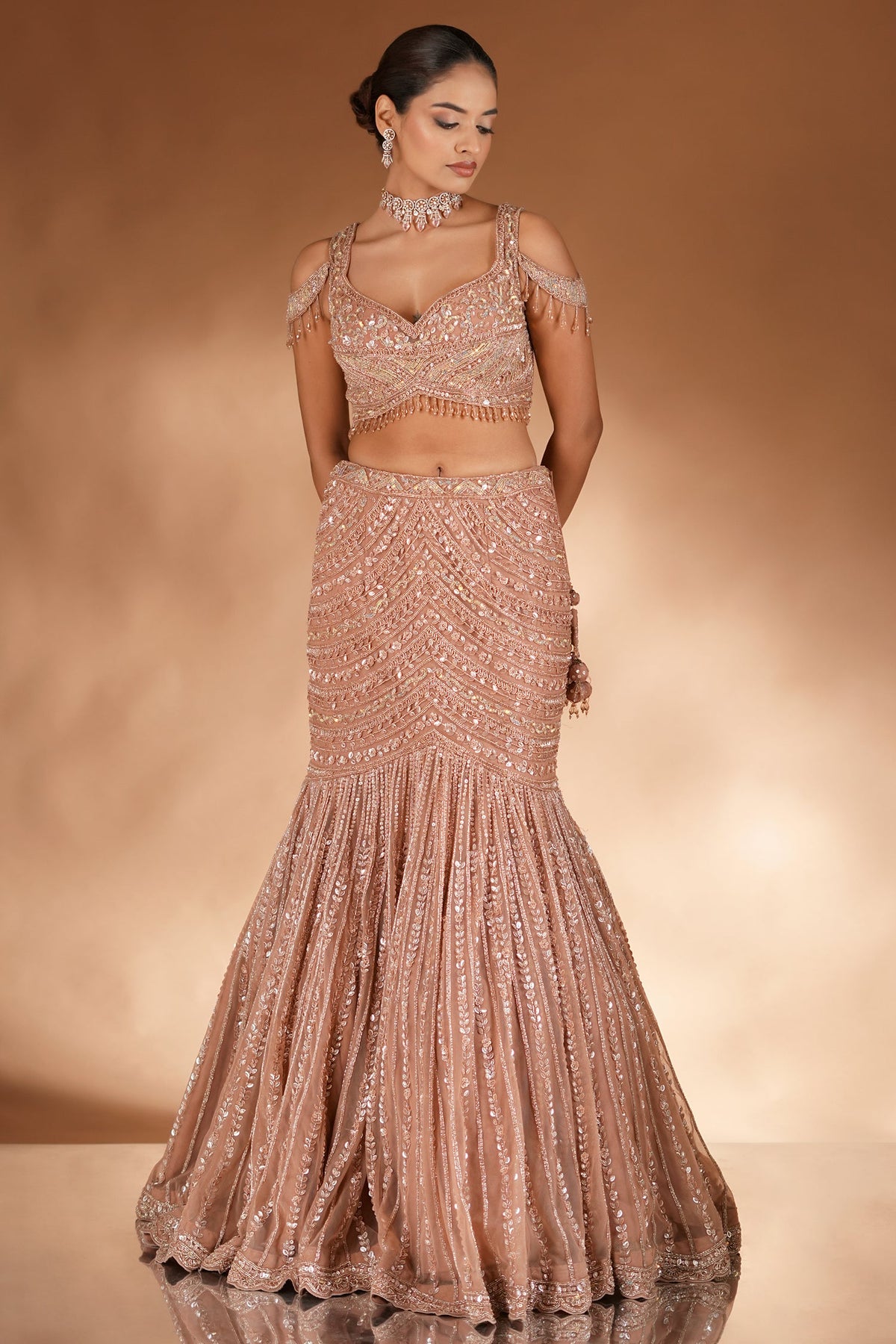 Rose Golden Net Designer Mermaid Style Lehenga with Cold Shoulder Blouse