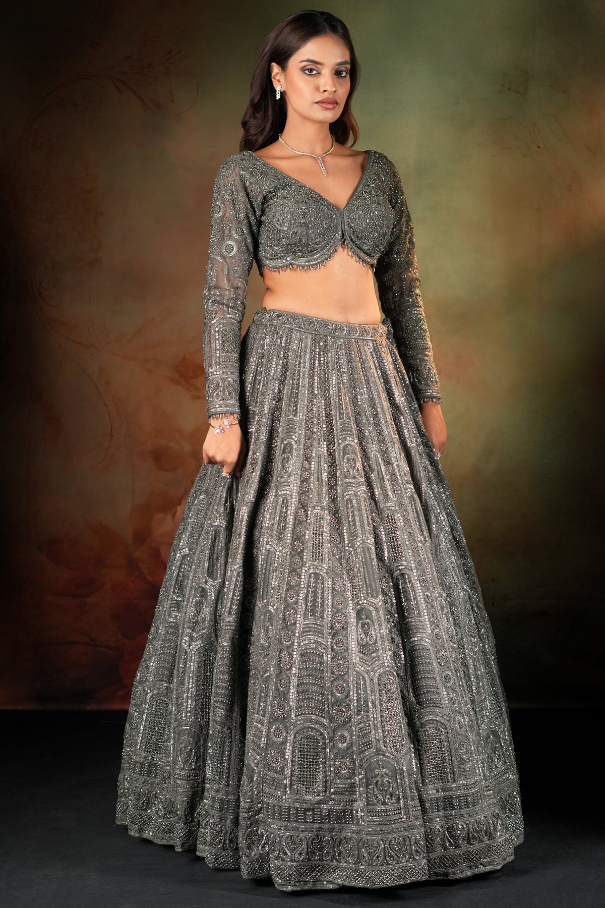 Olive Green Net Designer Sequin Beaded Lehenga