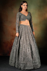 Olive Green Net Designer Sequin Beaded Lehenga