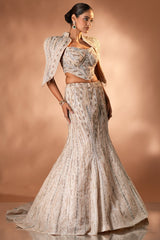 Blush Pink Net Mermaid Lehenga Set with Structured Corset Blouse and Embellished Shoulder Cape