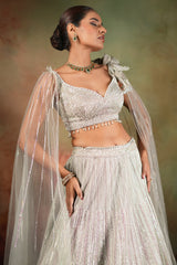 Silver Net Designer Lehenga Set with Cape Sleeves