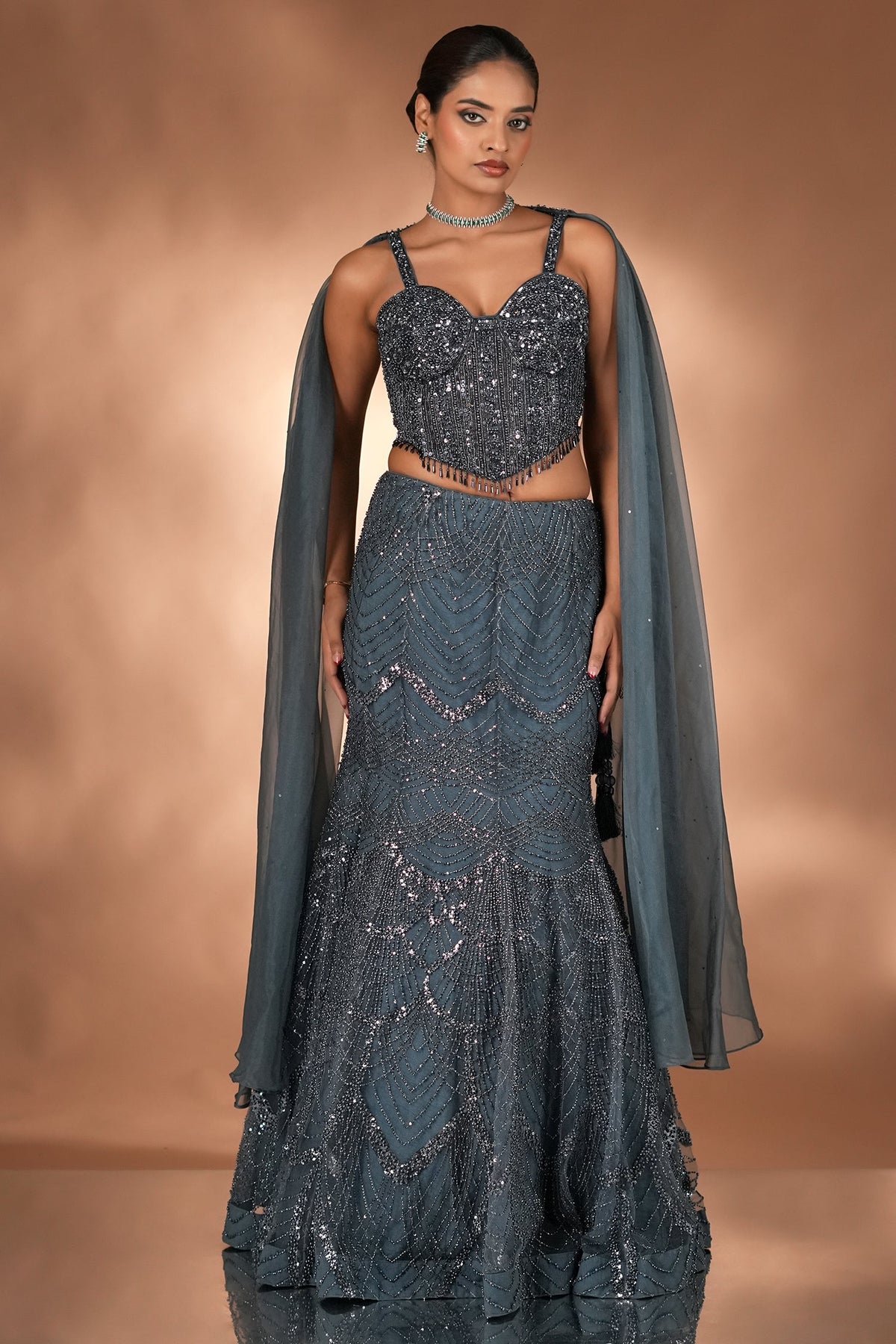 Prussian Blue Net Cutdana Beaded Mermaid Style Lehenga with Embellished Corset Blouse
