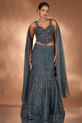 Prussian Blue Net Cutdana Beaded Mermaid Style Lehenga with Embellished Corset Blouse
