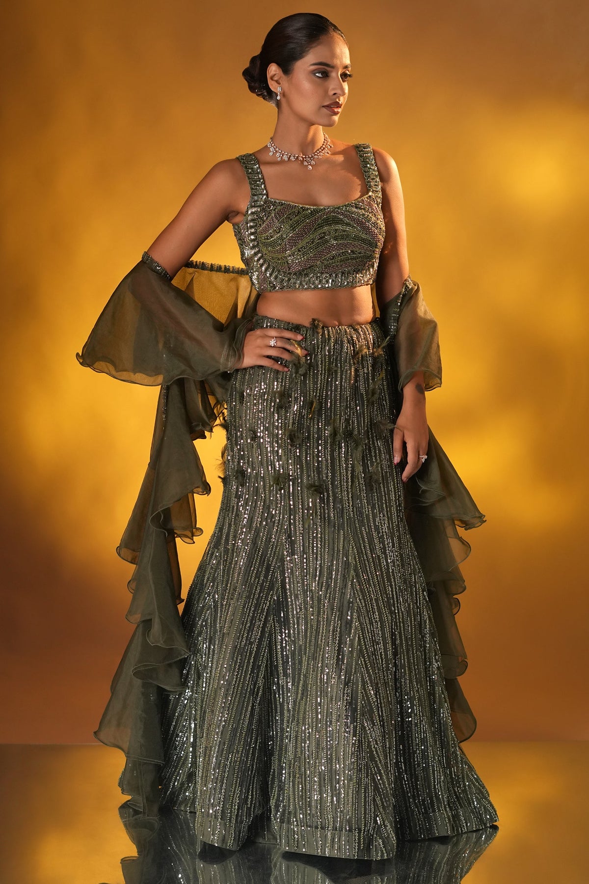 Olive Green Net Designer Mermaid Style Lehenga Set