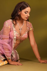 Multi Colored Silk Printed and Woven Jaal Patch Work Lehenga