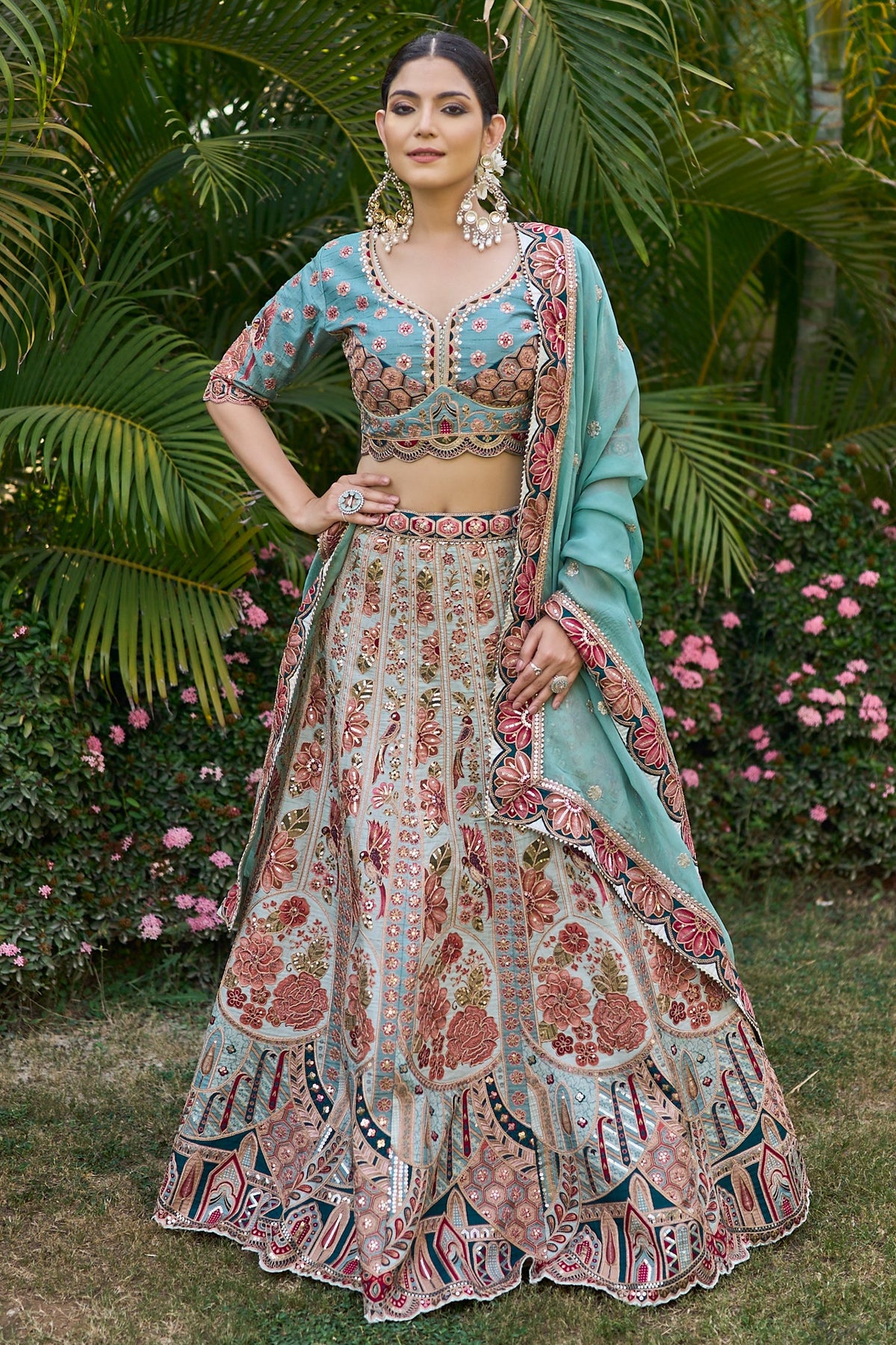Blue Raw Silk Floral Printed and Sequin Embroidered Lehenga