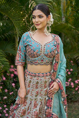 Blue Raw Silk Floral Printed and Sequin Embroidered Lehenga