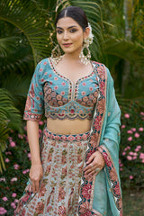 Blue Raw Silk Floral Printed and Sequin Embroidered Lehenga