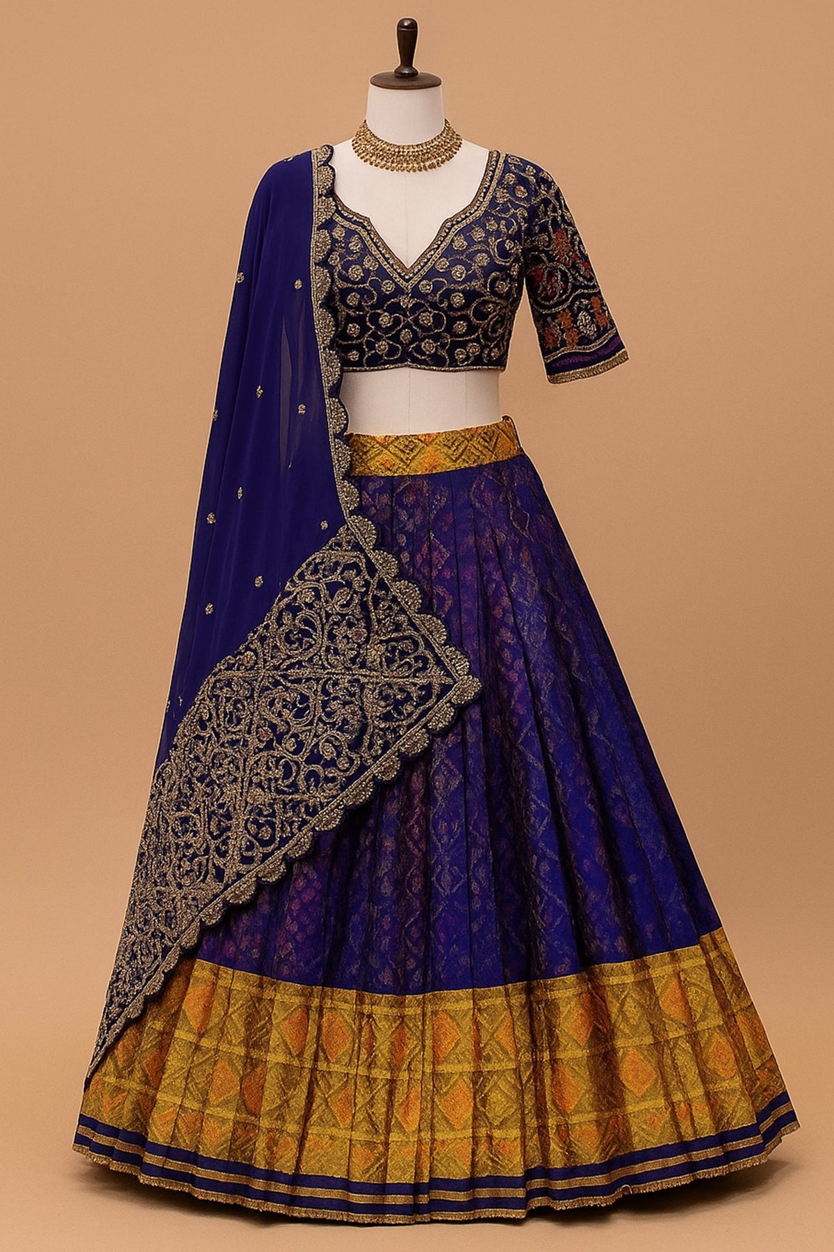 Blue Silk Traditional Pleated Patola Print Lehenga with Scallop Dupatta
