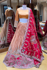 Dusty Peach Crush Silk Patch Work Designer Lehenga with Jewel Neck Blouse