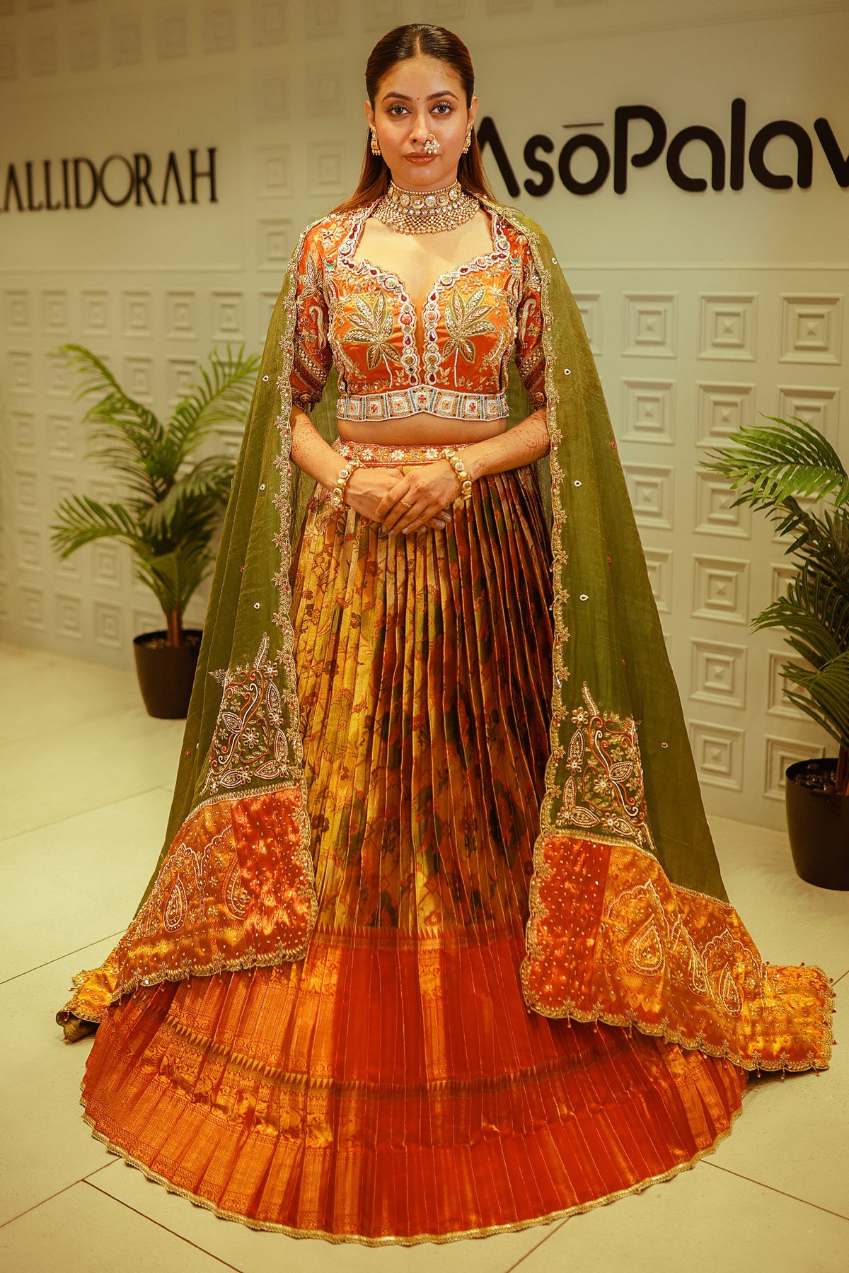 Rust Orange and Golden Tissue Silk Traditional Lehenga with Handworked Blouse