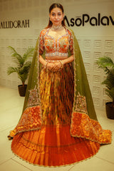 Rust Orange and Golden Tissue Silk Traditional Lehenga with Handworked Blouse