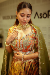 Rust Orange and Golden Tissue Silk Traditional Lehenga with Handworked Blouse