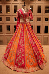 Red and Orange KD Dupion Silk Designer Bridal Lehenga