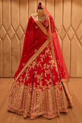 Red KD Dupion Silk Designer Bridal Floral Sequin Embroidered Bridal Lehenga