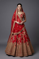 Red KD Dupion Silk Designer Bridal Floral Sequin Embroidered Bridal Lehenga