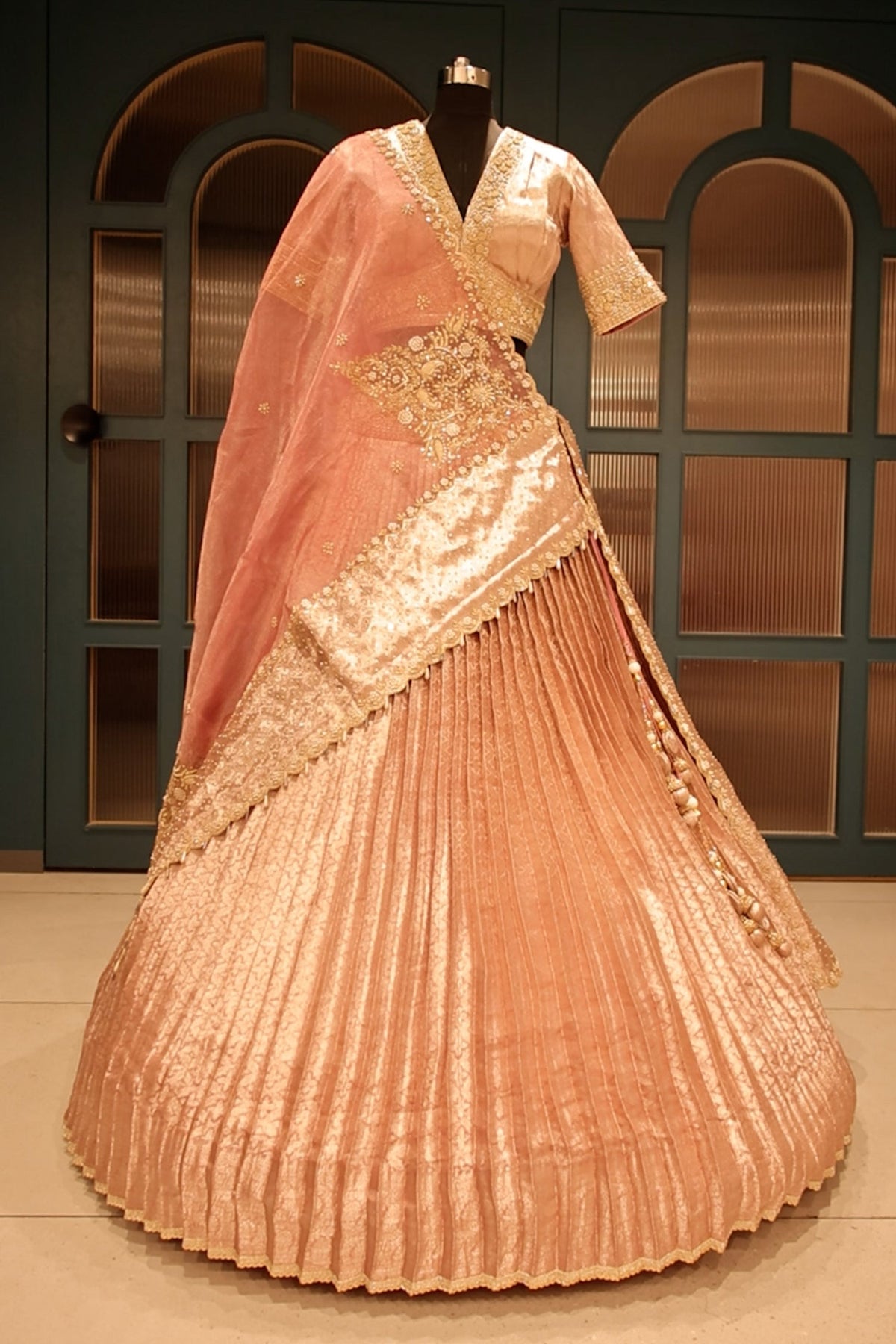 Pink Tissue Pleated Lehenga with Zardosi and Beads Work