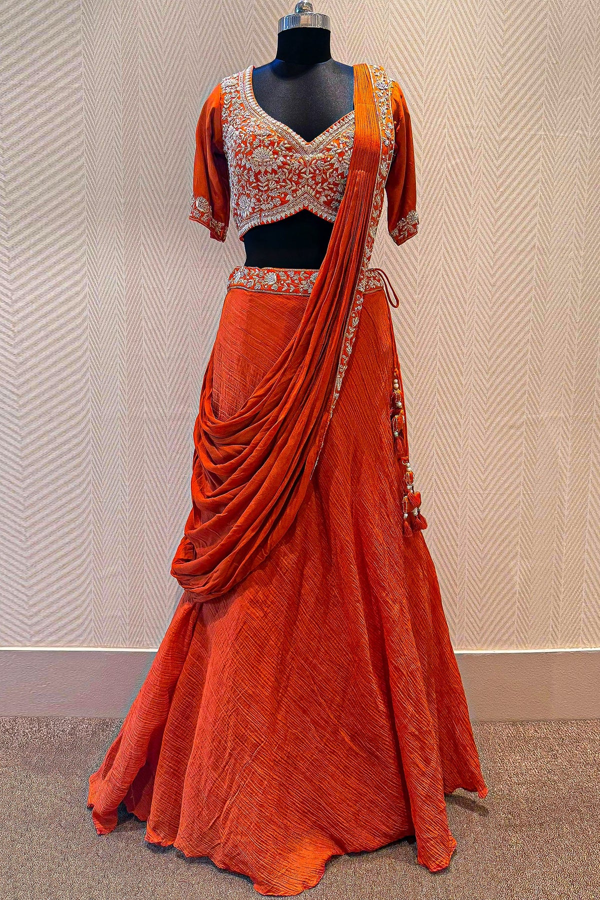 Orange Silk Zardosi Work Lehenga with Attached Dupatta