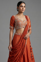 Orange Silk Zardosi Work Lehenga with Attached Dupatta
