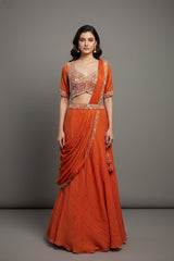 Orange Silk Zardosi Work Lehenga with Attached Dupatta