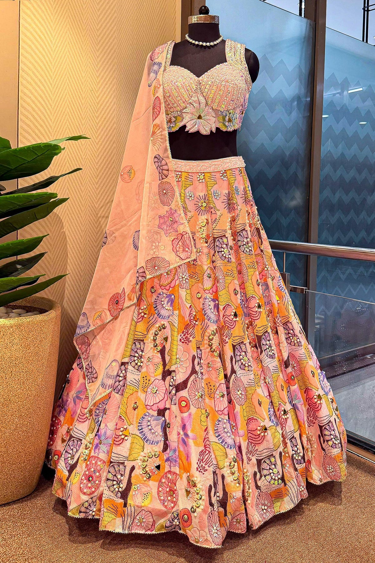 Pink and Multi Colored Chinon Sequin and Floral Printed Lehenga