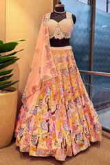 Pink and Multi Colored Chinon Sequin and Floral Printed Lehenga