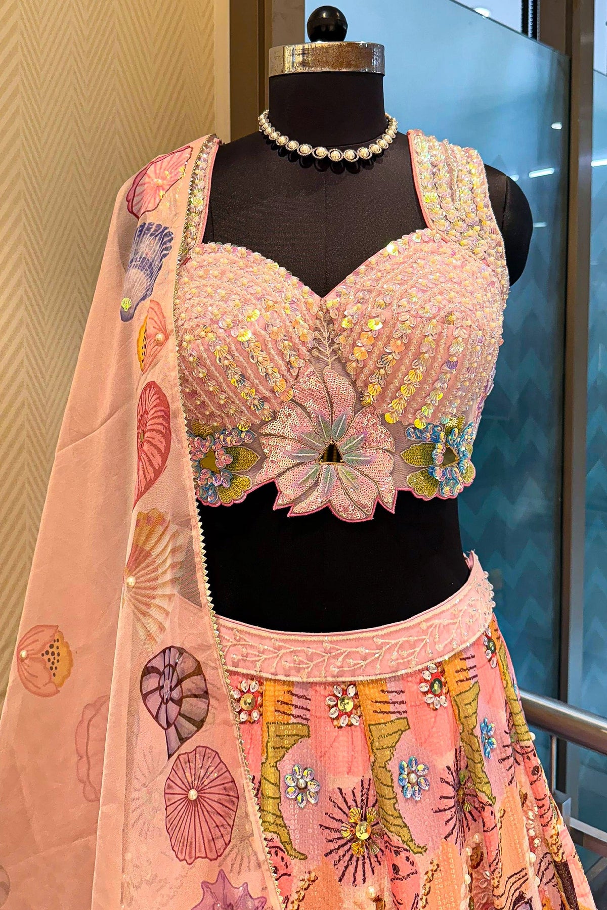 Pink and Multi Colored Chinon Sequin and Floral Printed Lehenga