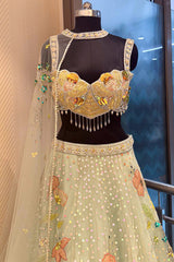 Mint Green Net Designer Floral Patch Worked Lehenga with Cape Dupatta