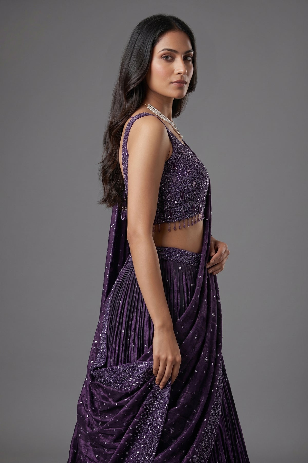 Purple Chinon Silk Sequin and Bead Work Lehenga with Attached Dupatta