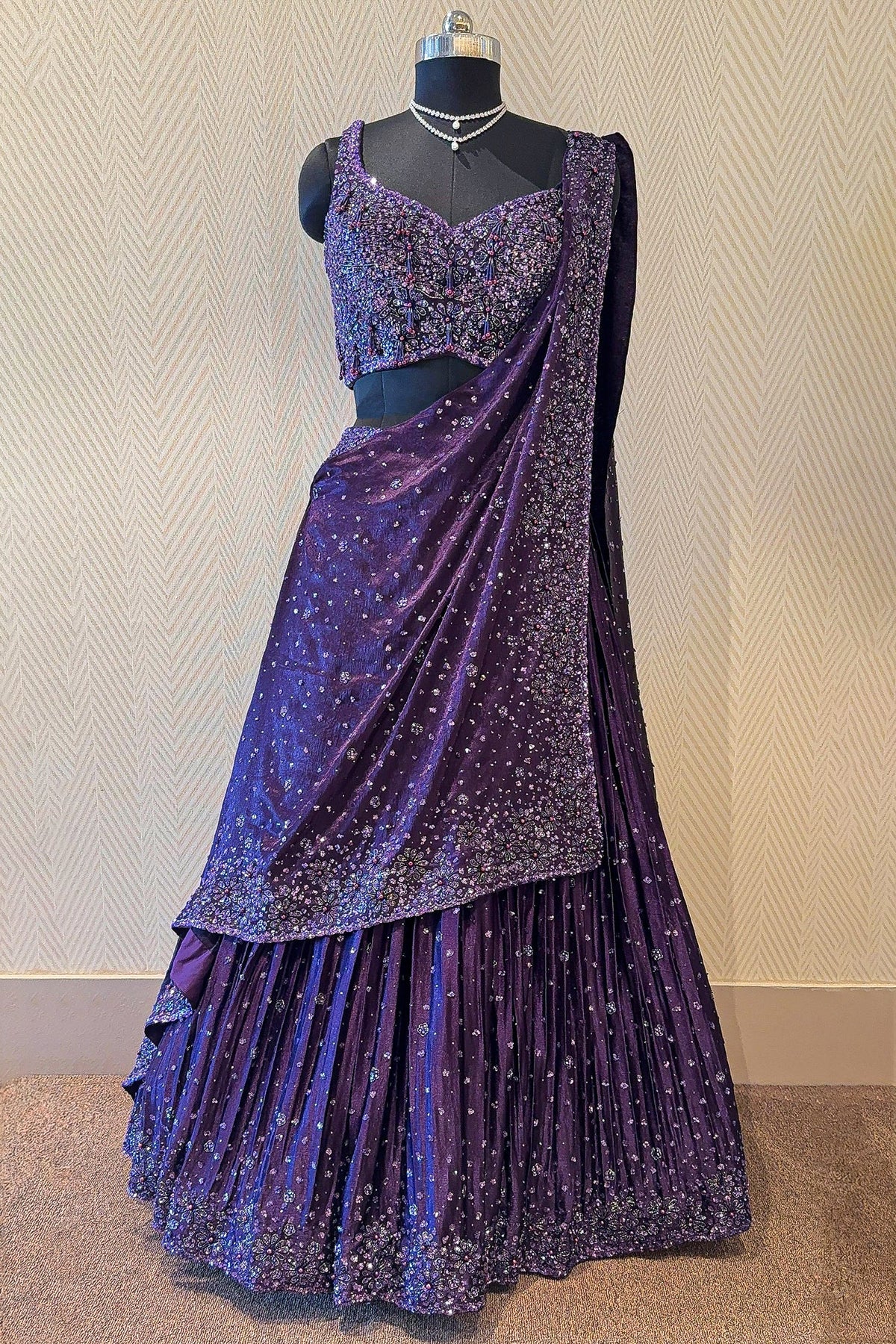 Purple Chinon Silk Sequin and Bead Work Lehenga with Attached Dupatta
