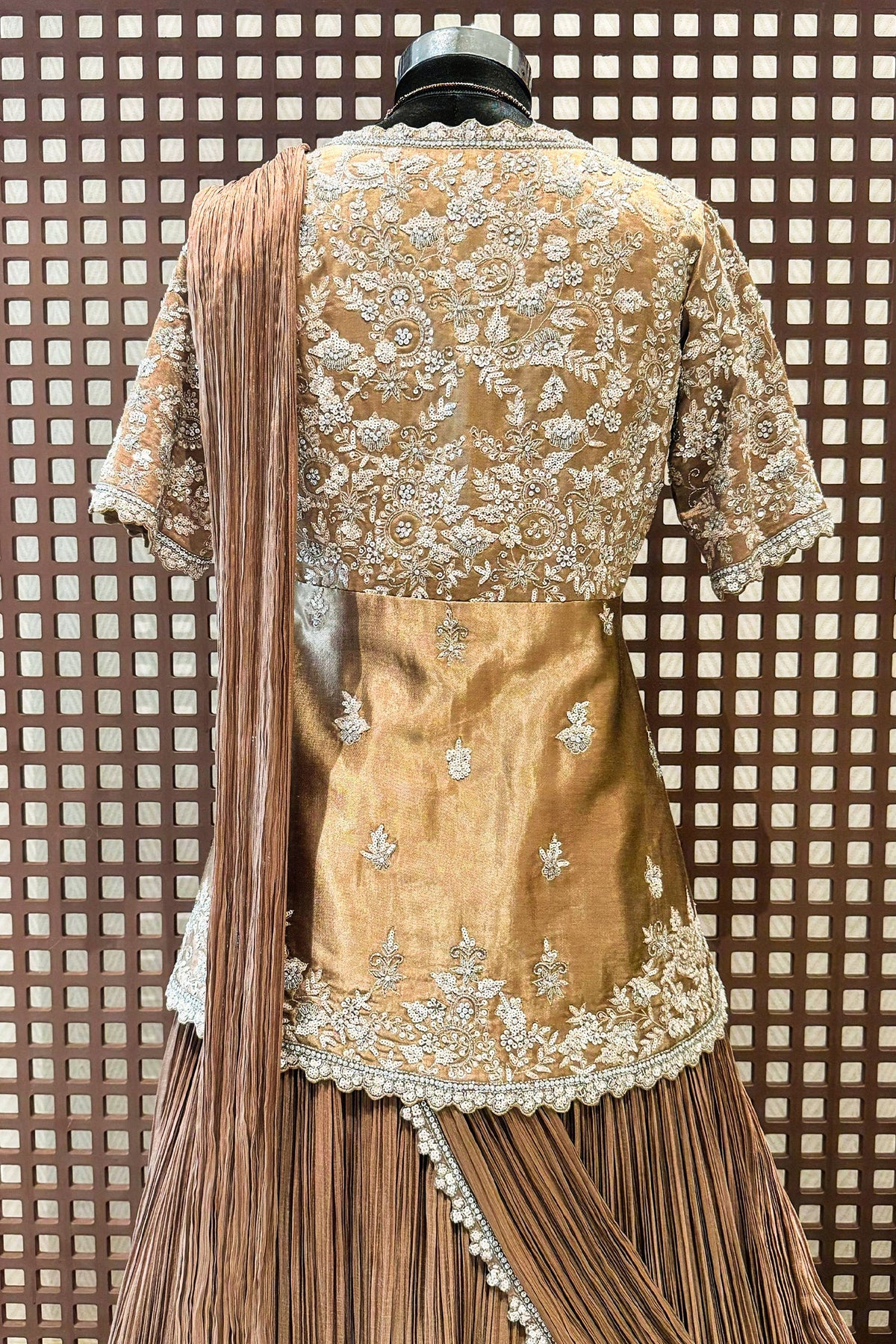 Chocolate Brown Crush Silk Lehenga with Sequin Cutdana Slit Top and Attached Dupatta