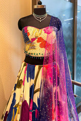 Off White Crepe Silk Floral Printed Flared Lehenga with Beaded Off Shoulder Corset